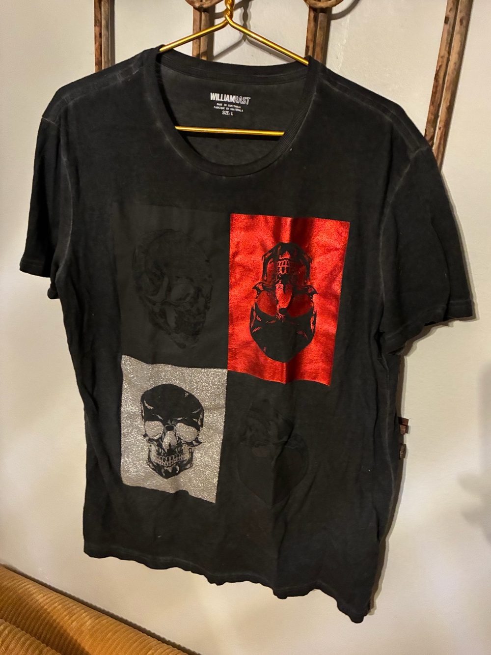 William Rast Black Short-Sleeve Tee with Red and Silver Skull Panels